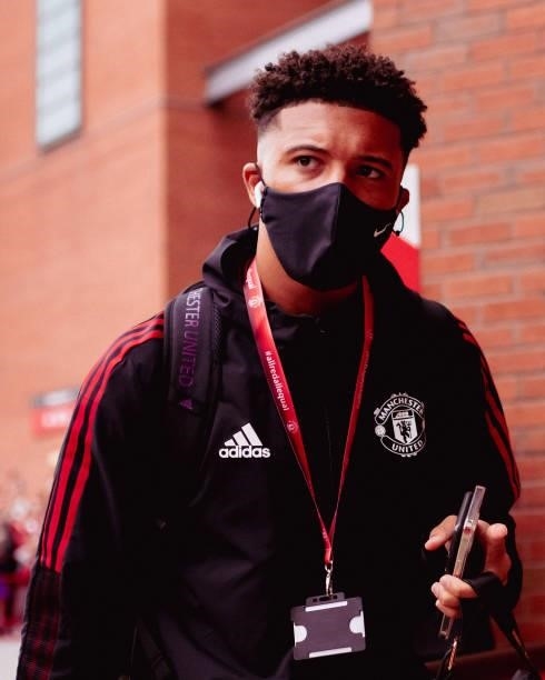 Jadon Sancho of Manchester United arrives ahead of the Premier League match between Manchester United and Newcastle United at Old Trafford on...