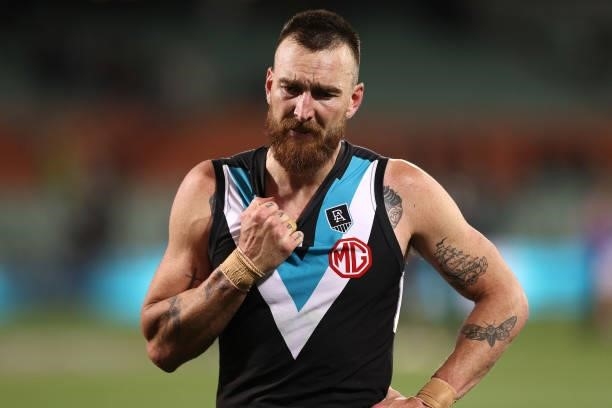 Charlie Dixon of the Power looks dejected after losing the AFL Second Preliminary Final match between Port Adelaide Power and Western Bulldogs at...