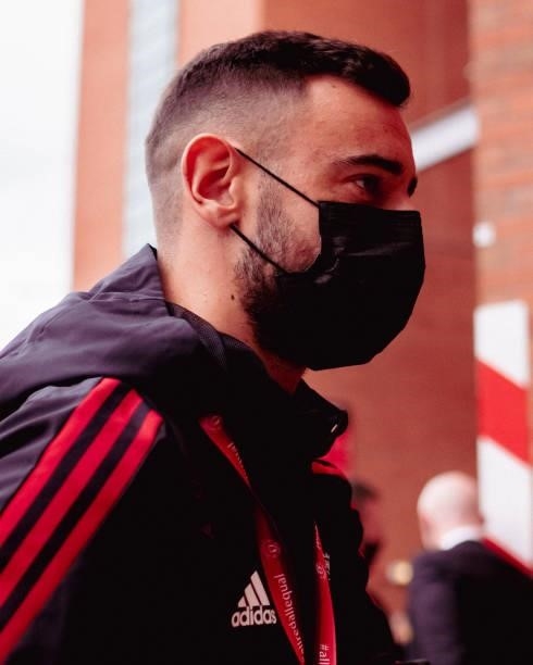 Bruno Fernandes of Manchester United arrives ahead of the Premier League match between Manchester United and Newcastle United at Old Trafford on...
