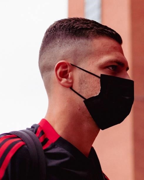 Diogo Dalot of Manchester United arrives ahead of the Premier League match between Manchester United and Newcastle United at Old Trafford on...