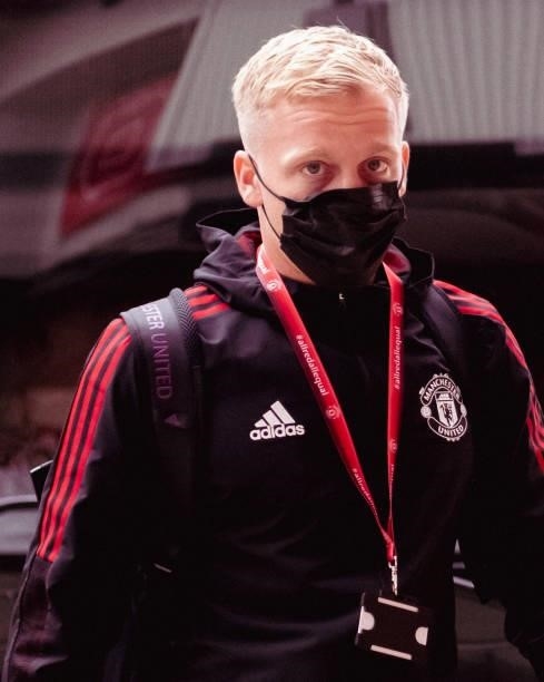 Donny van de Beek of Manchester United arrives ahead of the Premier League match between Manchester United and Newcastle United at Old Trafford on...