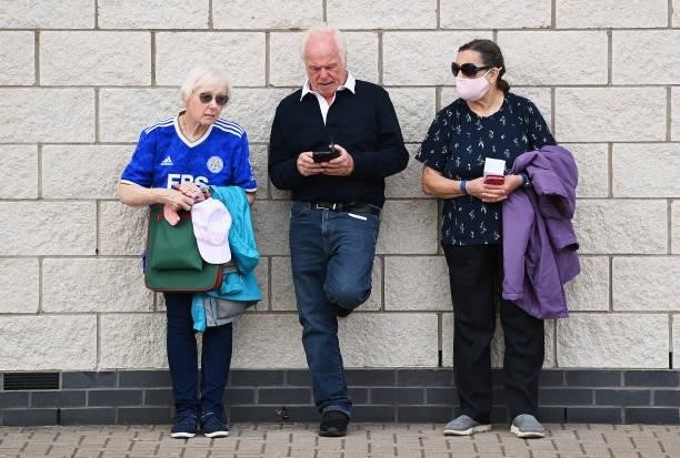 Fans of Leicester City look on from outside stadium prior to the Premier League match between Leicester City and Manchester City at The King Power...