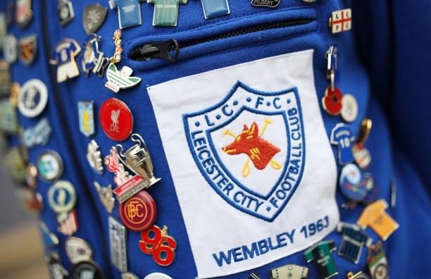 Detailed view of pin badges on a Leicester City Wembley 1963 jacket prior to the Premier League match between Leicester City and Manchester City at...