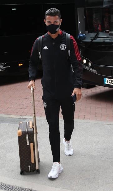 Cristiano Ronaldo of Manchester United arrives ahead of the Premier League match between Manchester United and Newcastle United at Old Trafford on...