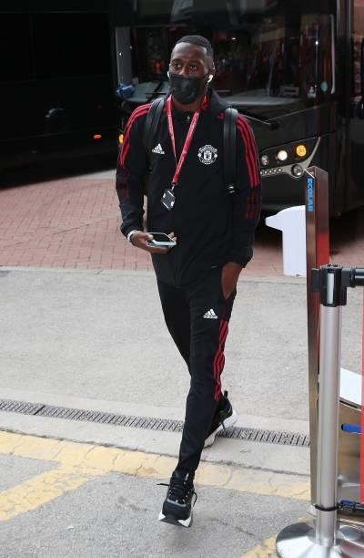 Aaron Wan-Bissaka of Manchester United arrives ahead of the Premier League match between Manchester United and Newcastle United at Old Trafford on...