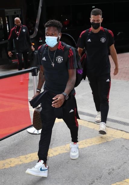 Fred of Manchester United arrives ahead of the Premier League match between Manchester United and Newcastle United at Old Trafford on September 11,...