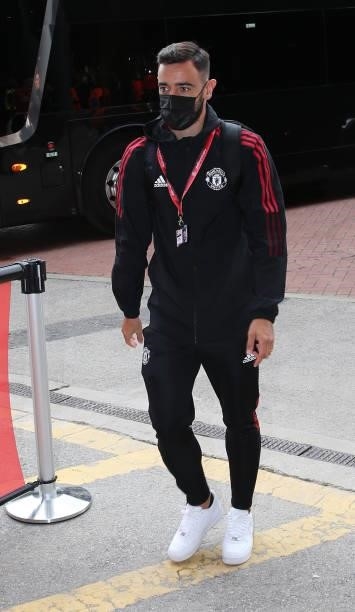 Bruno Fernandes of Manchester United arrives ahead of the Premier League match between Manchester United and Newcastle United at Old Trafford on...