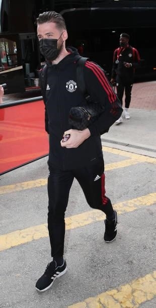 David de Gea of Manchester United arrives ahead of the Premier League match between Manchester United and Newcastle United at Old Trafford on...