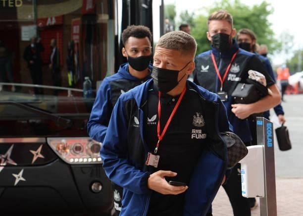 Dwight Gayle of Newcastle United FC arrives for the Premier League match between Manchester United and Newcastle United at Old Trafford on September...