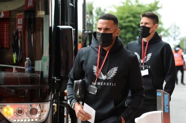 Jamaal Lascelles of Newcastle United FC arrives for the Premier League match between Manchester United and Newcastle United at Old Trafford on...
