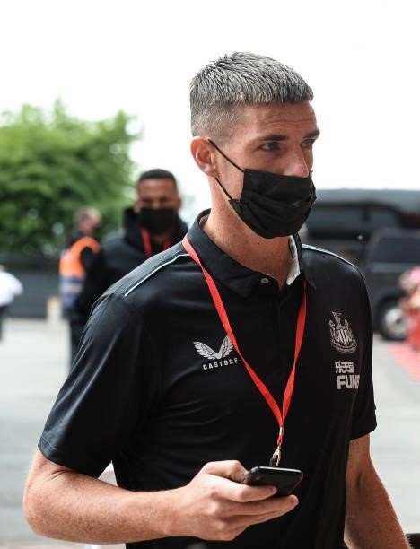 Ciaran Clark of Newcastle United FC arrives for the Premier League match between Manchester United and Newcastle United at Old Trafford on September...