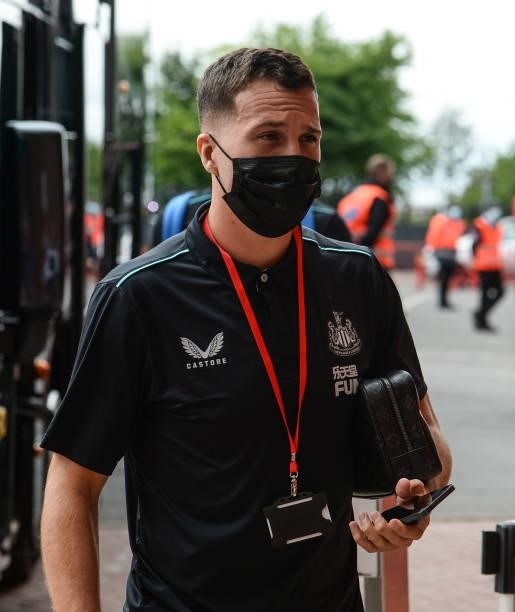 Javier Manquillo of Newcastle United FC arrives for the Premier League match between Manchester United and Newcastle United at Old Trafford on...