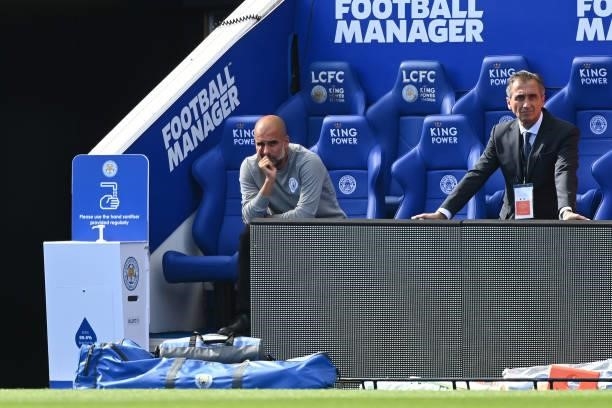 Pep Guardiola, Manager of Manchester City looks on prior to the Premier League match between Leicester City and Manchester City at The King Power...