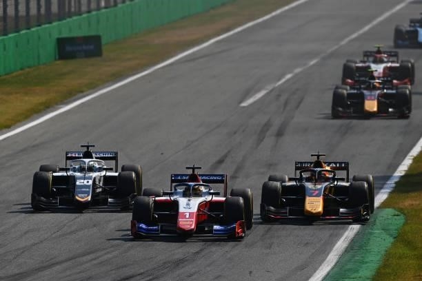 Robert Shwartzman of Russia and Prema Racing leads Liam Lawson of New Zealand and Hitech Grand Prix and David Beckmann of Germany and Campos Racing...