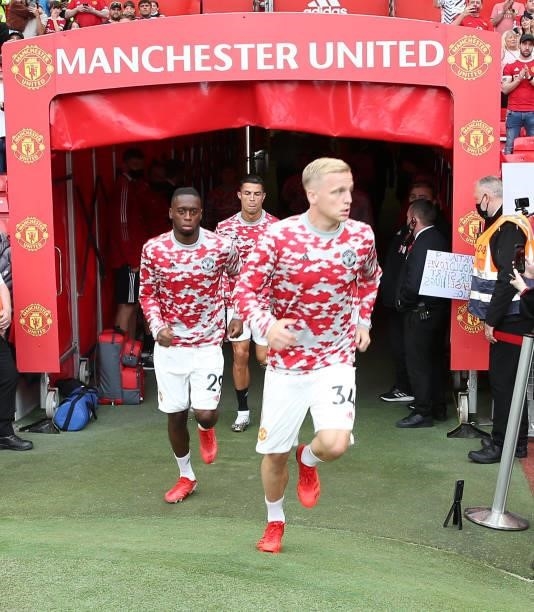 Donny van de Beek of Manchester United warms up ahead of the Premier League match between Manchester United and Newcastle United at Old Trafford on...