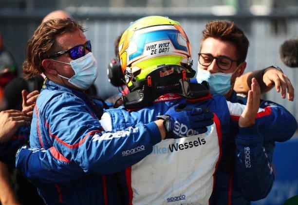Second placed Bent Viscaal of Netherlands and Trident celebrates in parc ferme during Round 5:Monza sprint race 2 of the Formula 2 Championship at...