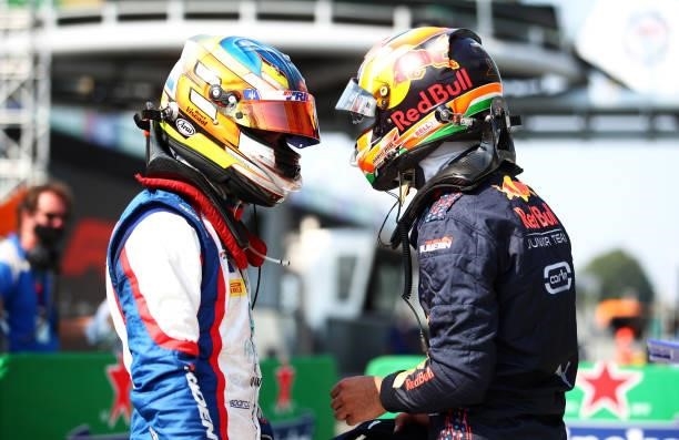 Race winner Jehan Daruvala of India and Carlin and second placed Bent Viscaal of Netherlands and Trident talk in parc ferme during Round 5:Monza...