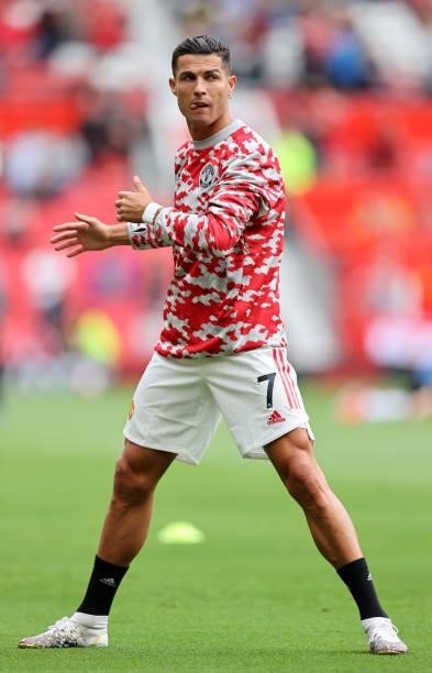 Cristiano Ronaldo of Manchester United warms up prior to the Premier League match between Manchester United and Newcastle United at Old Trafford on...