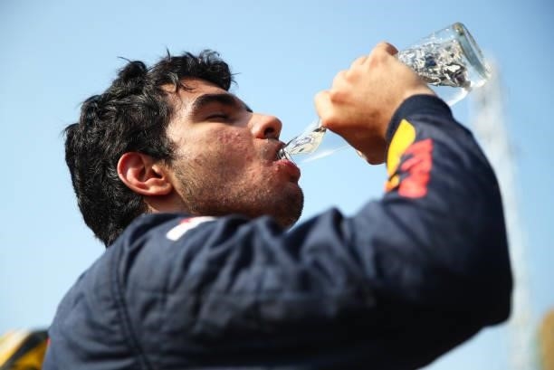 Race winner Jehan Daruvala of India and Carlin takes a drink in parc ferme during Round 5:Monza sprint race 2 of the Formula 2 Championship at...