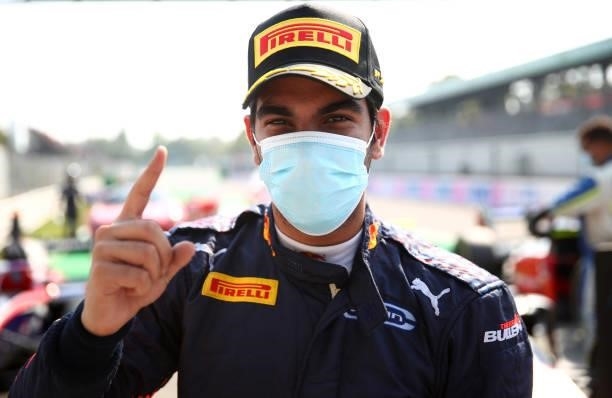 Race winner Jehan Daruvala of India and Carlin celebrates in parc ferme during Round 5:Monza sprint race 2 of the Formula 2 Championship at Autodromo...