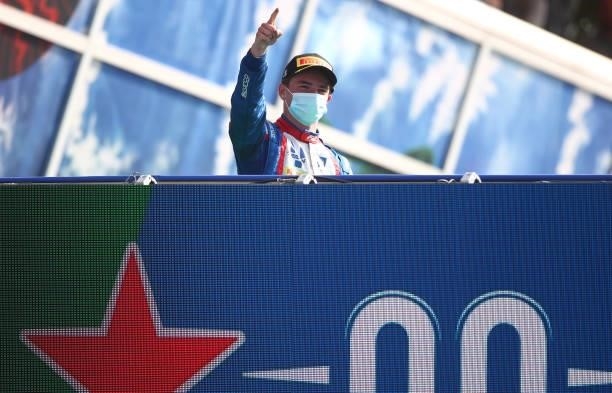 Second placed Bent Viscaal of Netherlands and Trident celebrates on the podium during Round 5:Monza sprint race 2 of the Formula 2 Championship at...