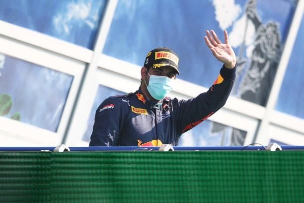 Race winner Jehan Daruvala of India and Carlin celebrates on the podium during Round 5:Monza sprint race 2 of the Formula 2 Championship at Autodromo...