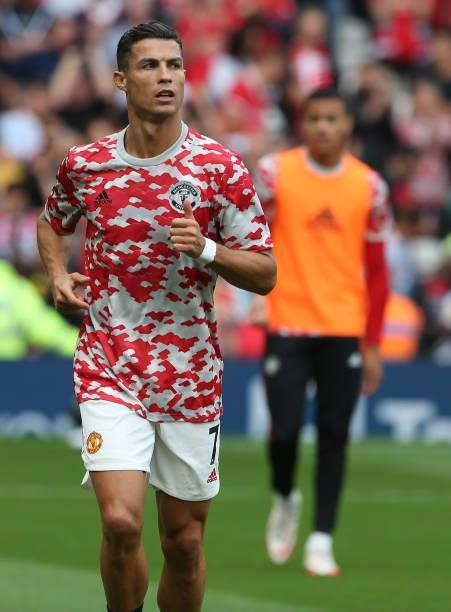 Cristiano Ronaldo of Manchester United warms up ahead of the Premier League match between Manchester United and Newcastle United at Old Trafford on...