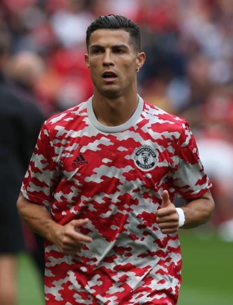 Cristiano Ronaldo of Manchester United warms up ahead of the Premier League match between Manchester United and Newcastle United at Old Trafford on...