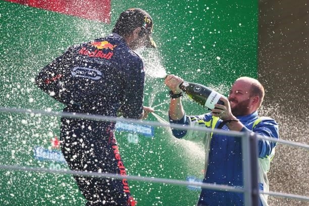 Race winner Jehan Daruvala of India and Carlin celebrates on the podium during Round 5:Monza sprint race 2 of the Formula 2 Championship at Autodromo...