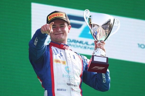 Second placed Bent Viscaal of Netherlands and Trident celebrates on the podium during Round 5:Monza sprint race 2 of the Formula 2 Championship at...