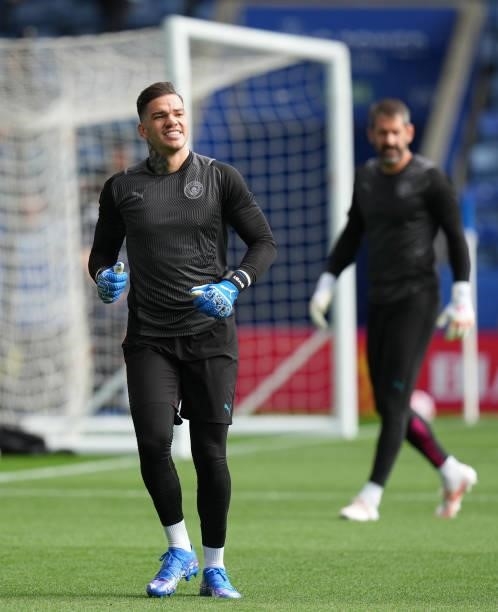 Ederson of Manchester City warms up prior to the Premier League match between Leicester City and Manchester City at The King Power Stadium on...