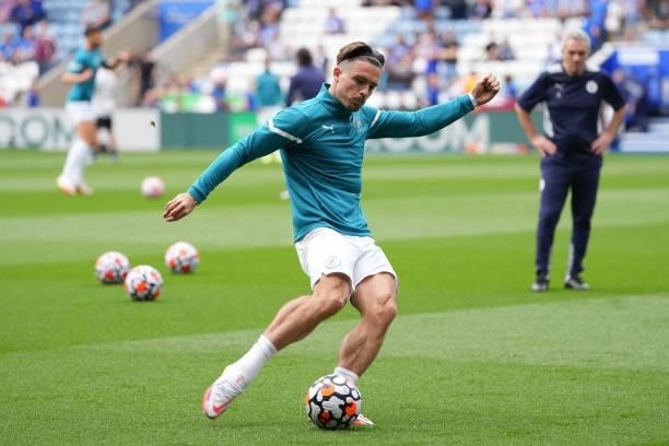 Jack Grealish of Manchester City warms up prior to the Premier League match between Leicester City and Manchester City at The King Power Stadium on...