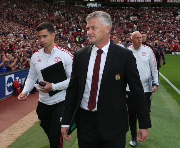 Manager Ole Gunnar Solskjaer of Manchester United walks out ahead of the Premier League match between Manchester United and Newcastle United at Old...