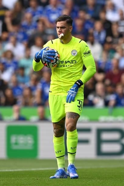 Ederson of Manchester City looks on with tissue in his mouth after receiving treatment during the Premier League match between Leicester City and...