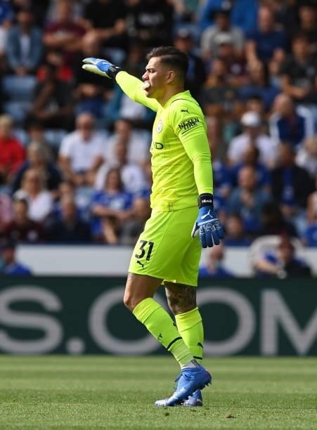 Ederson of Manchester City gestures with tissue in his mouth after receiving treatment during the Premier League match between Leicester City and...