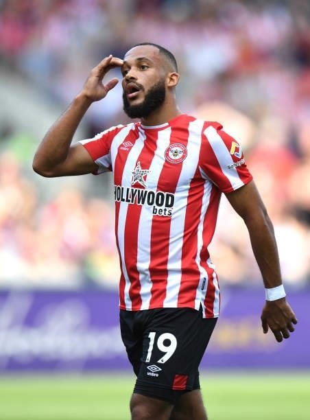 Bryan Mbeumo of Brentford reacts after a missed chance during the Premier League match between Brentford and Brighton & Hove Albion at Brentford...
