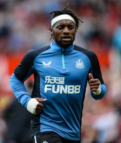 Allan Saint-Maximin of Newcastle United FC warms up during the Premier League match between Manchester United and Newcastle United at Old Trafford on...