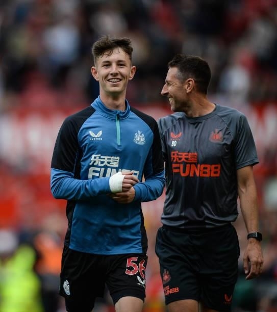 Joe White of Newcastle United smiles during the Premier League match between Manchester United and Newcastle United at Old Trafford on September 11,...