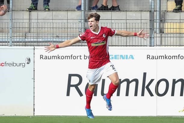 Noah Raphael Weisshaupt of SC Freiburg celebrates after scoring their side`s first goal during the Bundesliga match between Sport-Club Freiburg and...