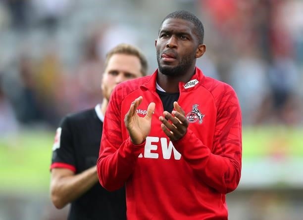 Anthony Modeste of 1.FC Koeln applauds the fans after during the Bundesliga match between Sport-Club Freiburg and 1. FC Köln at SC-Stadion on...