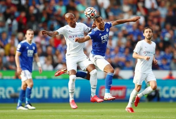 Fernandinho of Manchester City competes for a header with Youri Tielemans of Leicester City during the Premier League match between Leicester City...