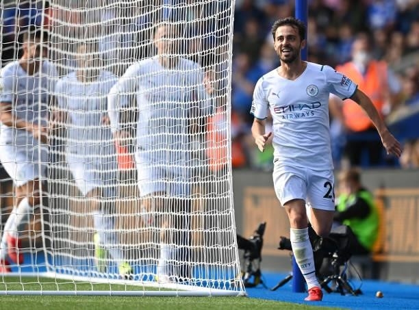 Bernardo Silva of Manchester City celebrates after scoring during the Premier League match between Leicester City and Manchester City at The King...