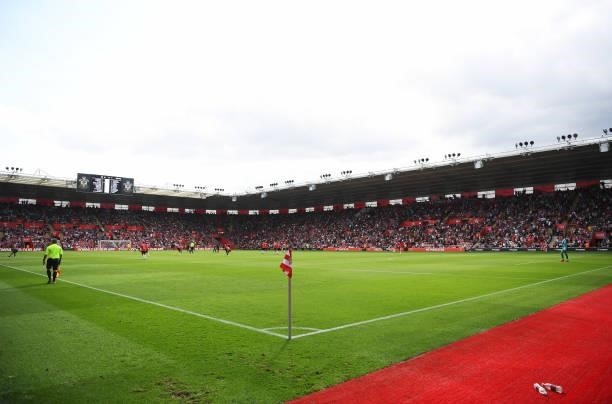 General view inside the stadium during the Premier League match between Southampton and West Ham United at St Mary's Stadium on September 11, 2021 in...