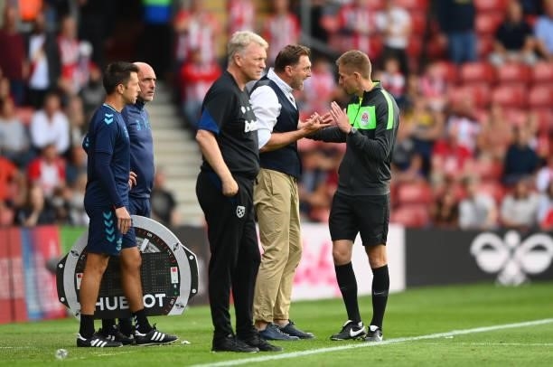Ralph Hasenhuettl, Manager of Southampton interacts with Fourth Official, Michael Salisbury during the Premier League match between Southampton and...