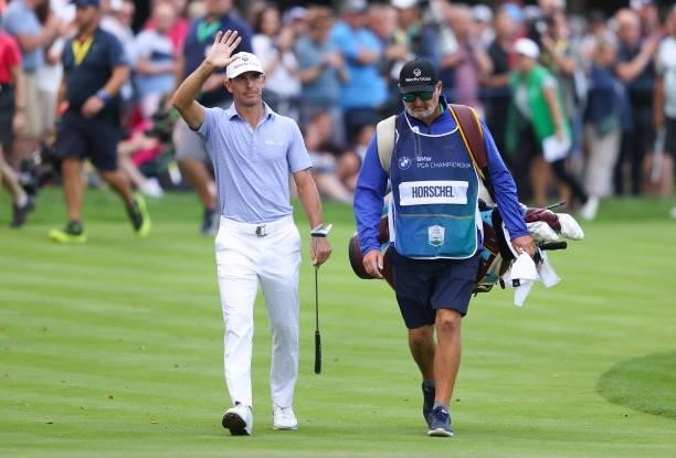 Billy Horschel of The USA on the 18th fairway during Day Three of The BMW PGA Championship at Wentworth Golf Club on September 11, 2021 in Virginia...