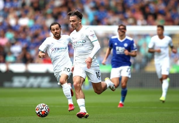 Jack Grealish of Manchester City controls the ball during the Premier League match between Leicester City and Manchester City at The King Power...
