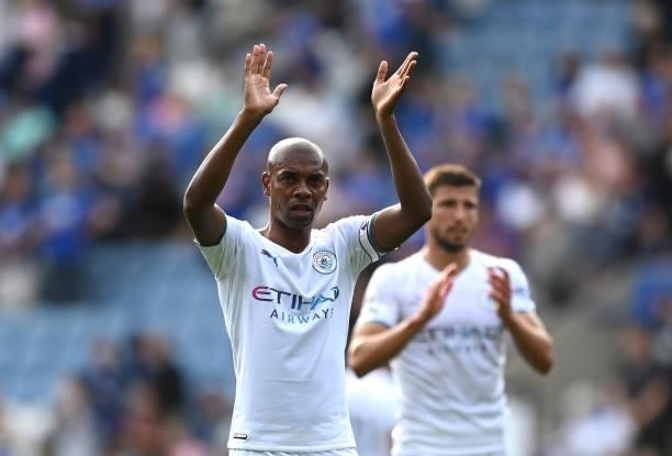 Fernandinho of Manchester City applauds the fans after the Premier League match between Leicester City and Manchester City at The King Power Stadium...