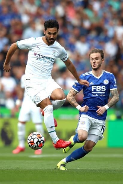 Ilkay Gundogan of Manchester City controls the ball from James Maddison of Leicester City during the Premier League match between Leicester City and...
