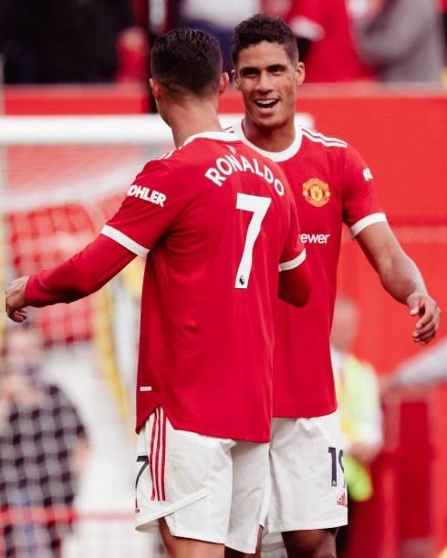 Cristiano Ronaldo of Manchester United celebrates with Raphael Varane during the Premier League match between Manchester United and Newcastle United...