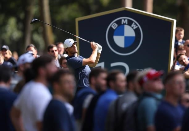 Thomas Pieters of Belgium tees off the 12th hole during Day Three of The BMW PGA Championship at Wentworth Golf Club on September 11, 2021 in...
